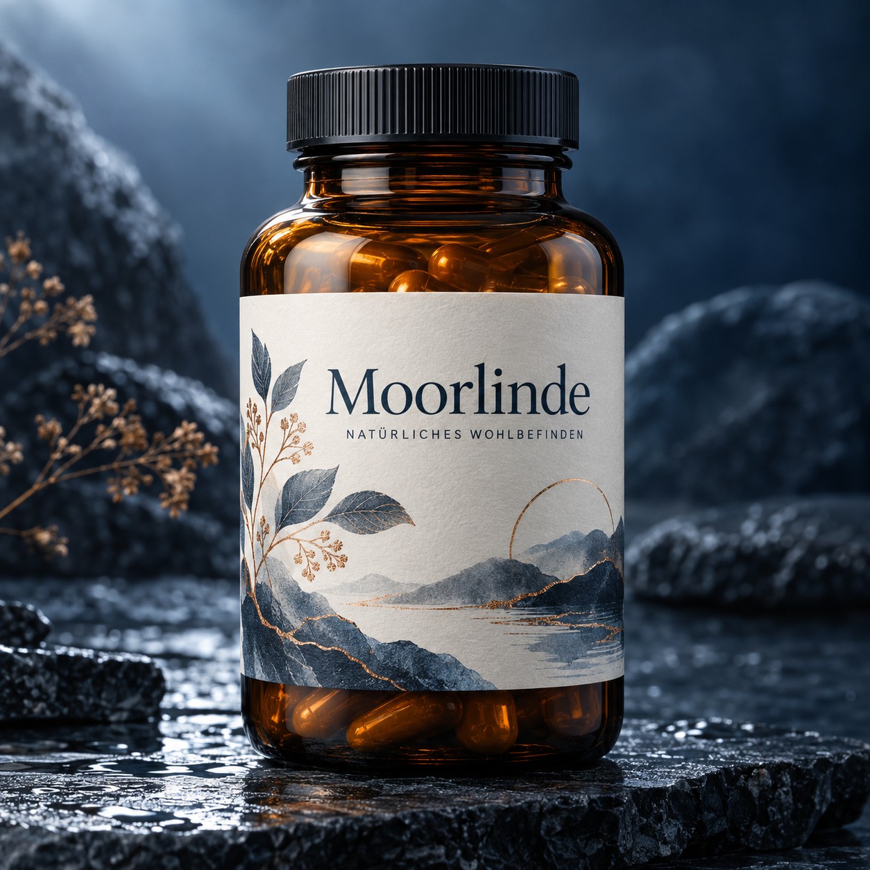 Moorlinde in einer dunkelblauen Produktaufnahme mit gut lesbarem Etikett